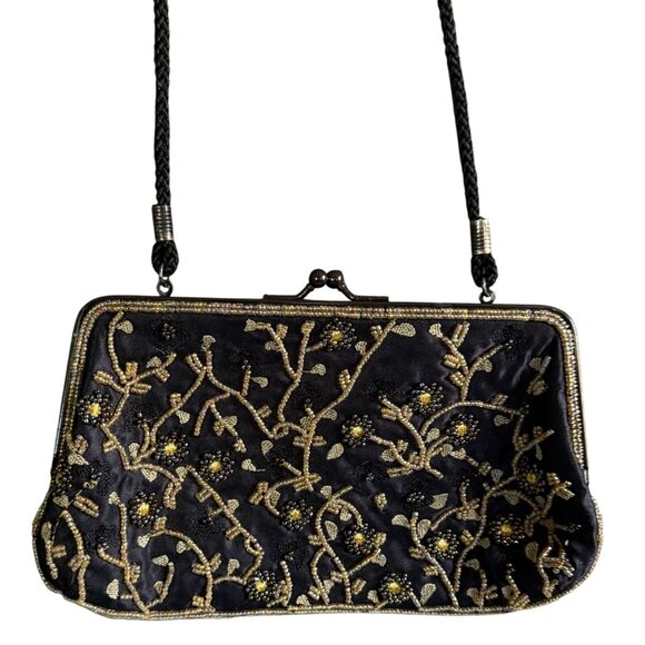 Vintage Lancome Beaded Gold Beads Flowers Shoulder Clutch Bag Women Black - Picture 1 of 10